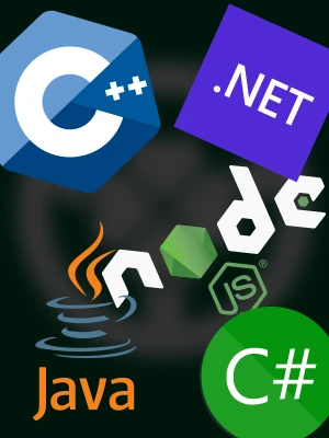 image with logos of c++, c#, .net, node.js, java